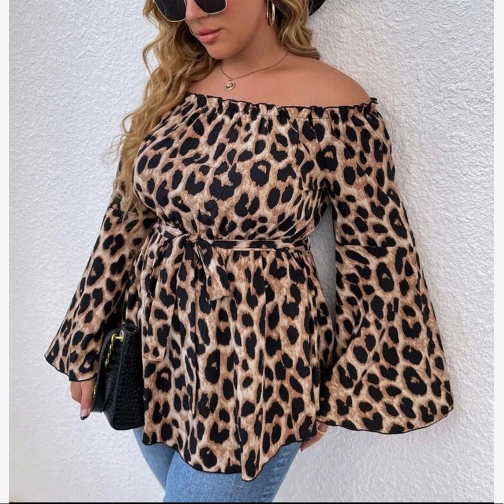 Boho Plus Size Leopard Print Off Shoulder Bell Sleeve Belted Top Blouse - Picture 2 of 6